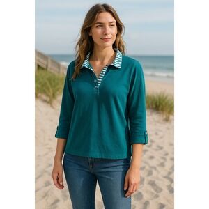 Venus Shirt Top Women Large Contrasting Trim Nautical Coastal Preppy Beach Boxy‎